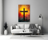 Cross glass wall art styled above a console in a chapel room