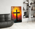 Cross glass print enhancing a foyer with statement firepower