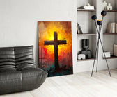 Cross glass print enhancing a foyer with statement firepower
