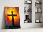Sunrise-cross artwork anchoring a wall with amber-and-teal palette