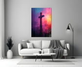 Cross glass wall art styled above a console in a study