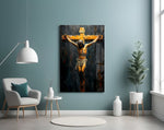 Cross panel adding editorial reverence to a hallway