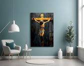 Cross panel adding editorial reverence to a hallway