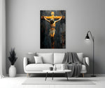 Cross glass wall art styled above a console in a study