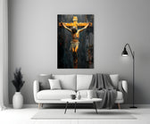 Cross glass wall art styled above a console in a study