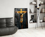 Cross glass print enhancing a foyer with statement firepower
