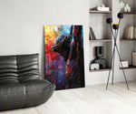 Cross glass print enhancing a foyer with statement firepower