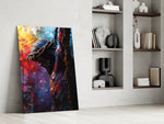 Pop-Crucifixion artwork anchoring a wall with magenta-and-tangerine palette