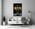 Kobe Bryant glass wall art styled above a console in a media room