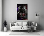 Bryant vs Jordan glass wall art styled above a console in a media room