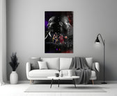 Bryant vs Jordan glass wall art styled above a console in a media room