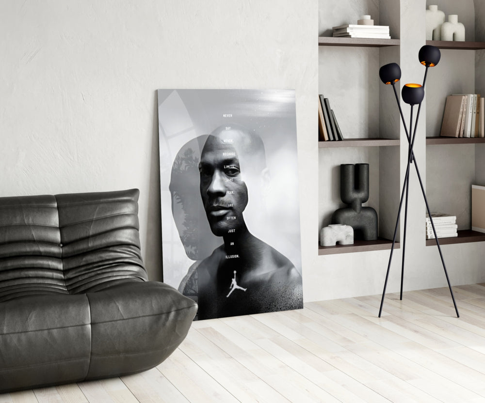 Jordan glass print enhancing a den with basketball firepower