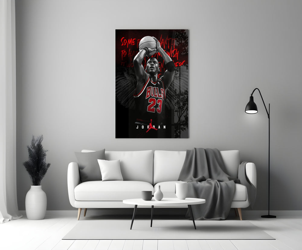 Jordan glass wall art styled above a console in a media room