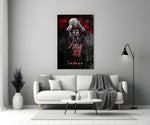Jordan glass wall art styled above a console in a media room