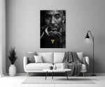 Kobe Bryant glass wall art styled above a console in a media room