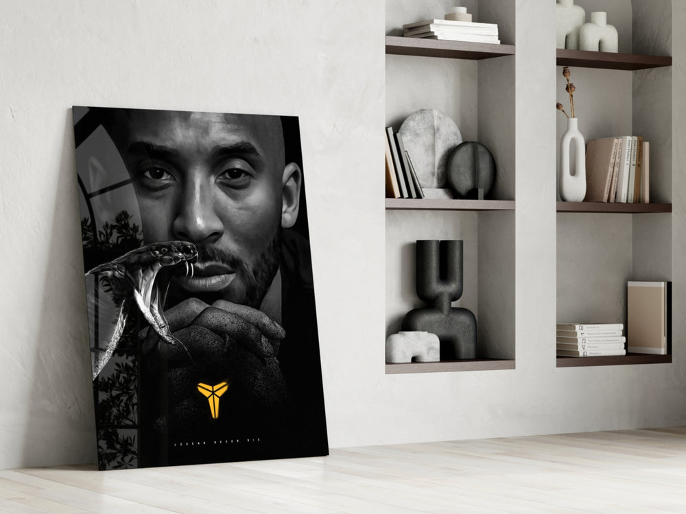 Basketball-legend artwork anchoring a wall with gold-and-monochrome palette