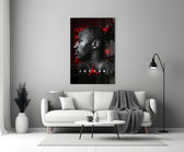 Jordan glass wall art styled above a console in a media room