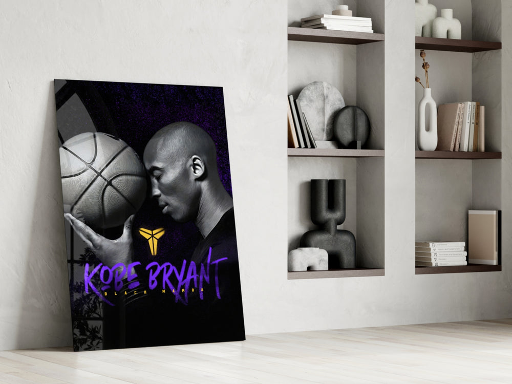 Basketball-legend artwork anchoring a wall with violet-and-monochrome palette