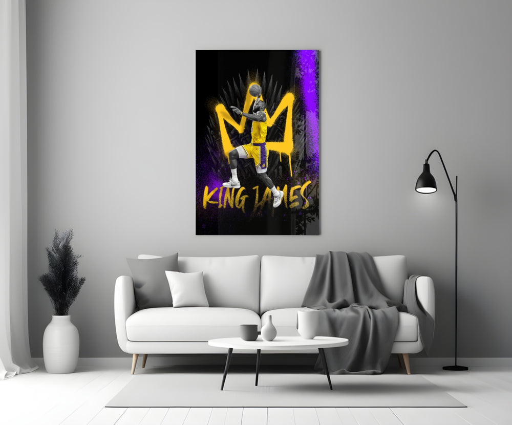 King James glass wall art styled above a sideboard in a media room