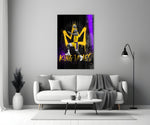 King James glass wall art styled above a sideboard in a media room