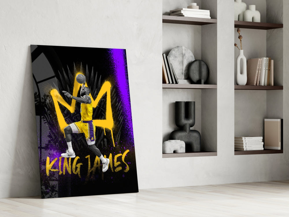 Basketball-king artwork anchoring a wall with gold-and-violet palette