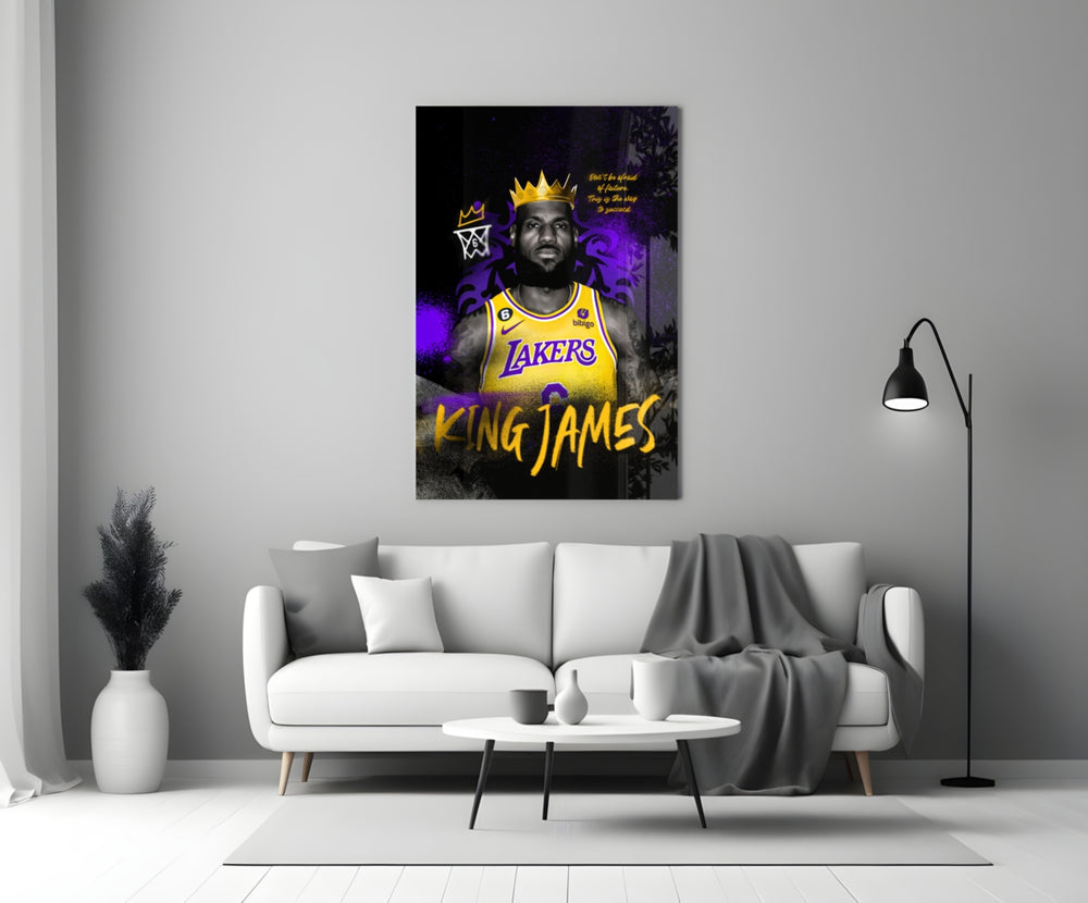 King James glass wall art styled above a console in a home gym