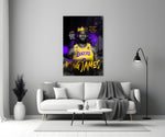 King James glass wall art styled above a console in a home gym
