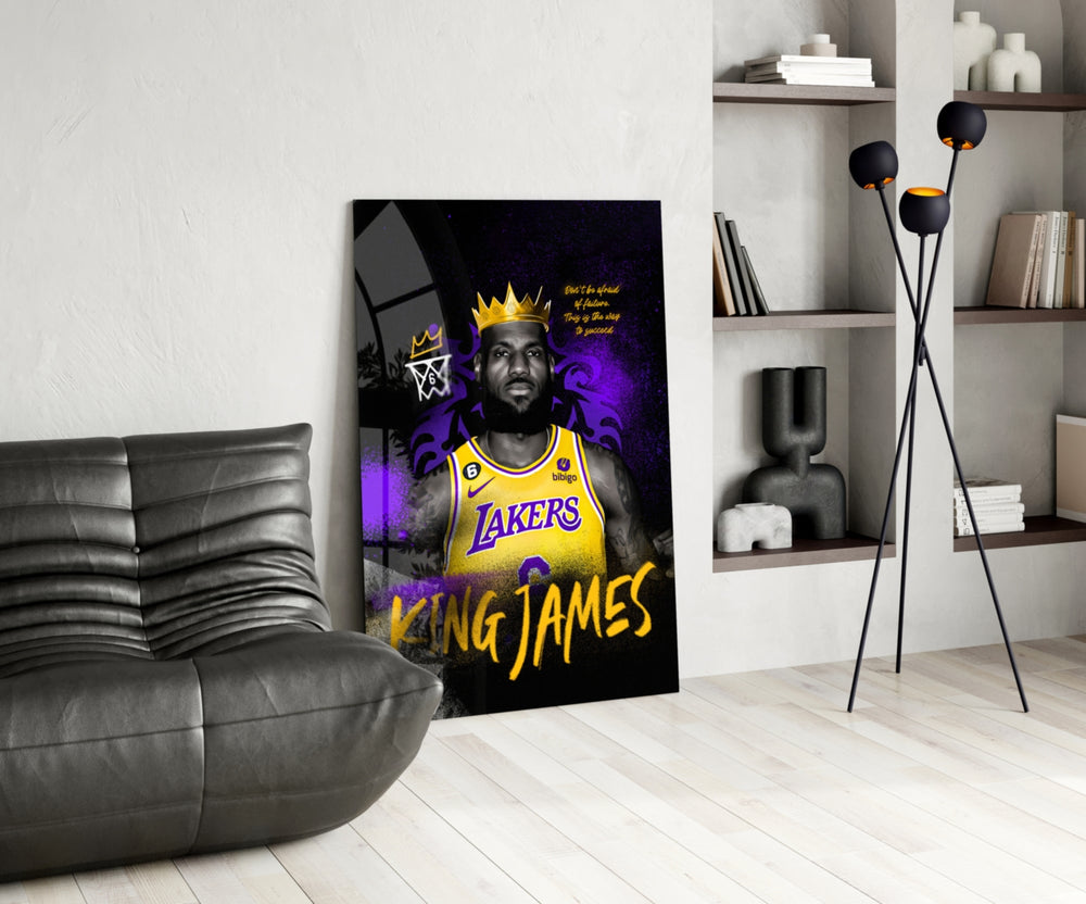 King James glass print enhancing a den with basketball firepower