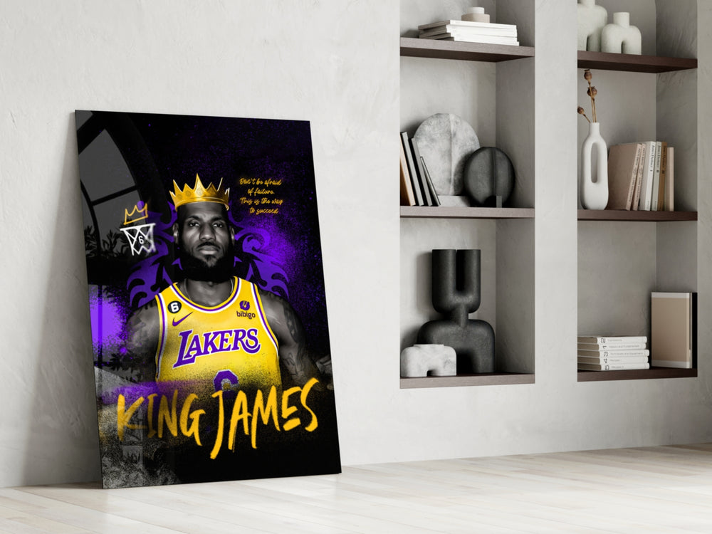 Basketball-king artwork anchoring a wall with gold-and-violet palette