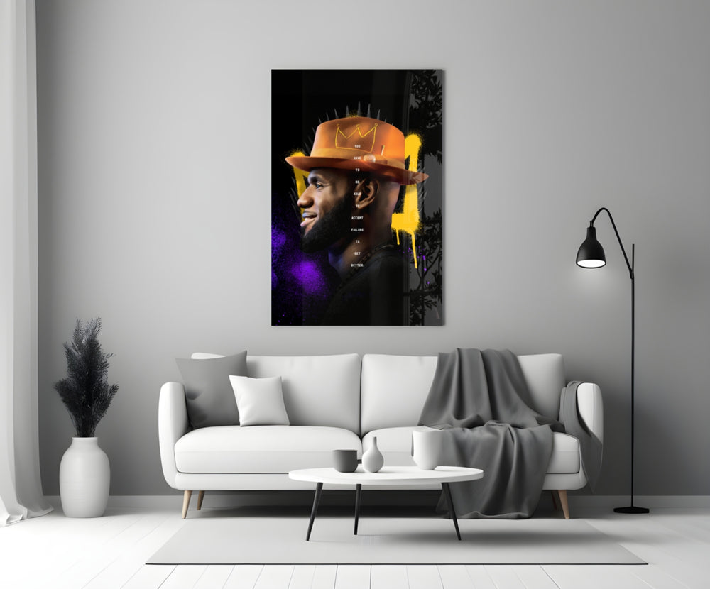 King James glass wall art styled above a console in a media room