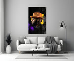 King James glass wall art styled above a console in a media room