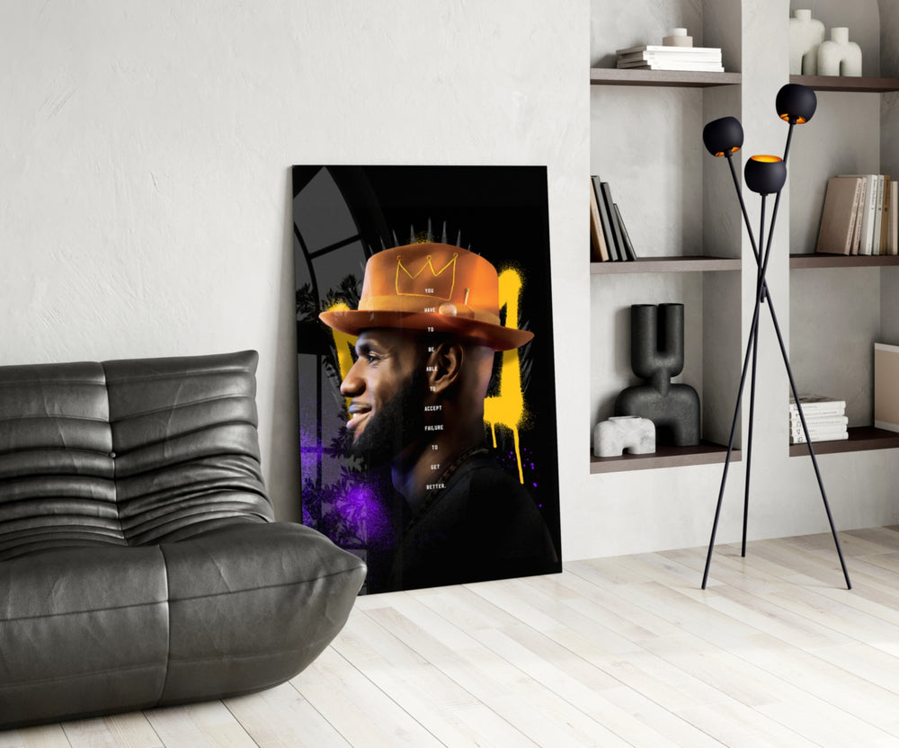 King James glass print enhancing a den with basketball firepower
