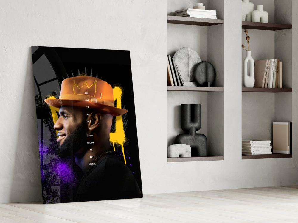 Basketball-king artwork anchoring a wall with gold-and-magenta palette