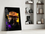 Basketball-king artwork anchoring a wall with gold-and-magenta palette