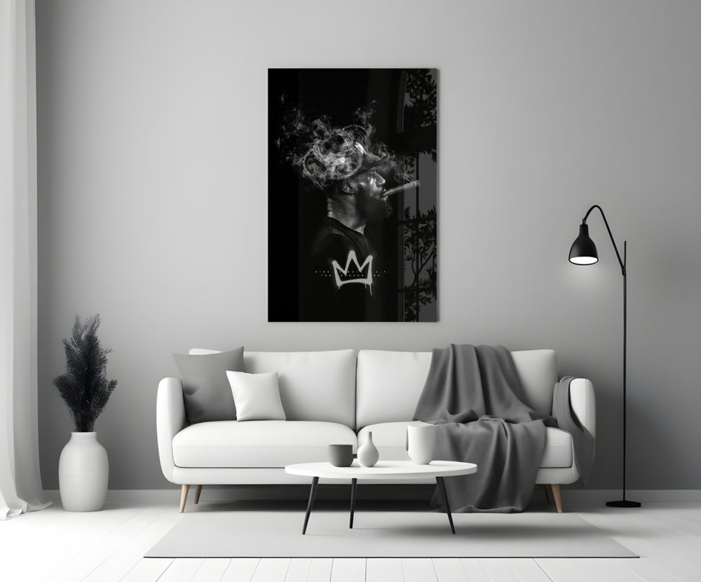 King James glass wall art styled above a console in a media room