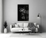 King James glass wall art styled above a console in a media room