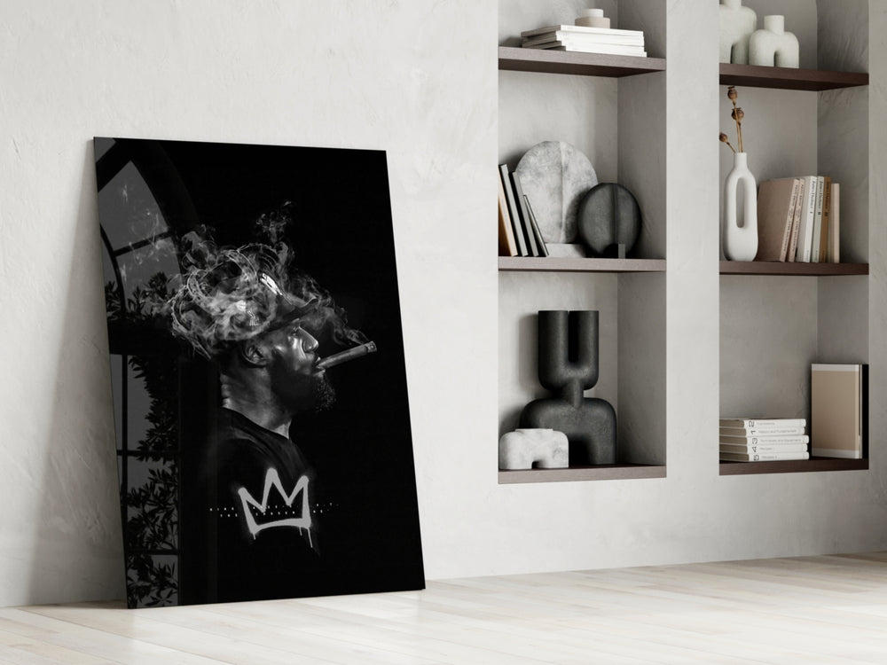 Basketball-king artwork anchoring a wall with monochrome palette