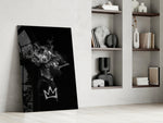 Basketball-king artwork anchoring a wall with monochrome palette