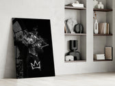 Basketball-king artwork anchoring a wall with monochrome palette
