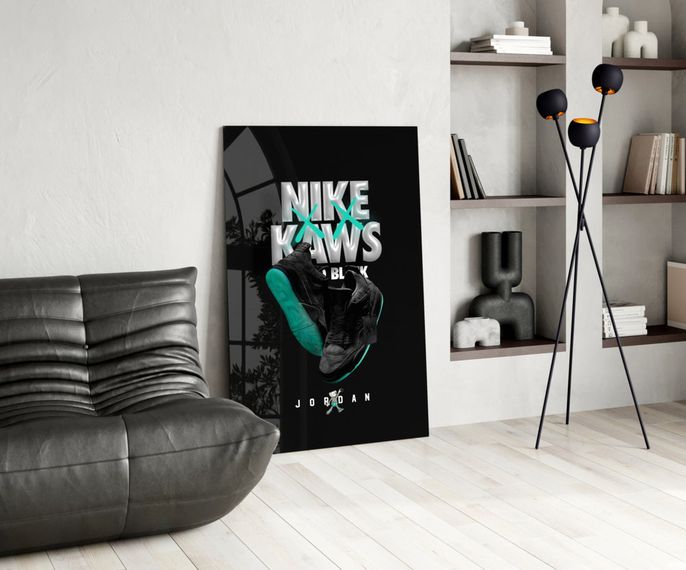 Black Kaws glass print enhancing a den with statement firepower