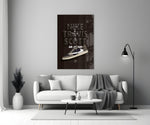 Air Jordan glass wall art styled above a console in a media room