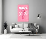 Kaws glass wall art styled above a console in a powder room