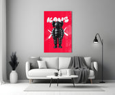Kaws glass wall art styled above a console in a media room