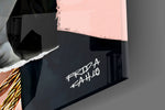 Contemporary Kahlo panel catching lamp light to reveal its cinematic glow
