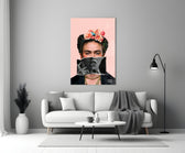 Contemporary Kahlo glass wall art styled above a console in a powder room