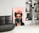 Contemporary Kahlo glass print enhancing a foyer with statement firepower
