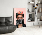 Contemporary Kahlo glass print enhancing a foyer with statement firepower