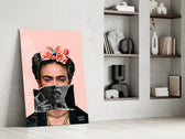 Remixed-muse artwork anchoring a wall with chrome-and-pink palette