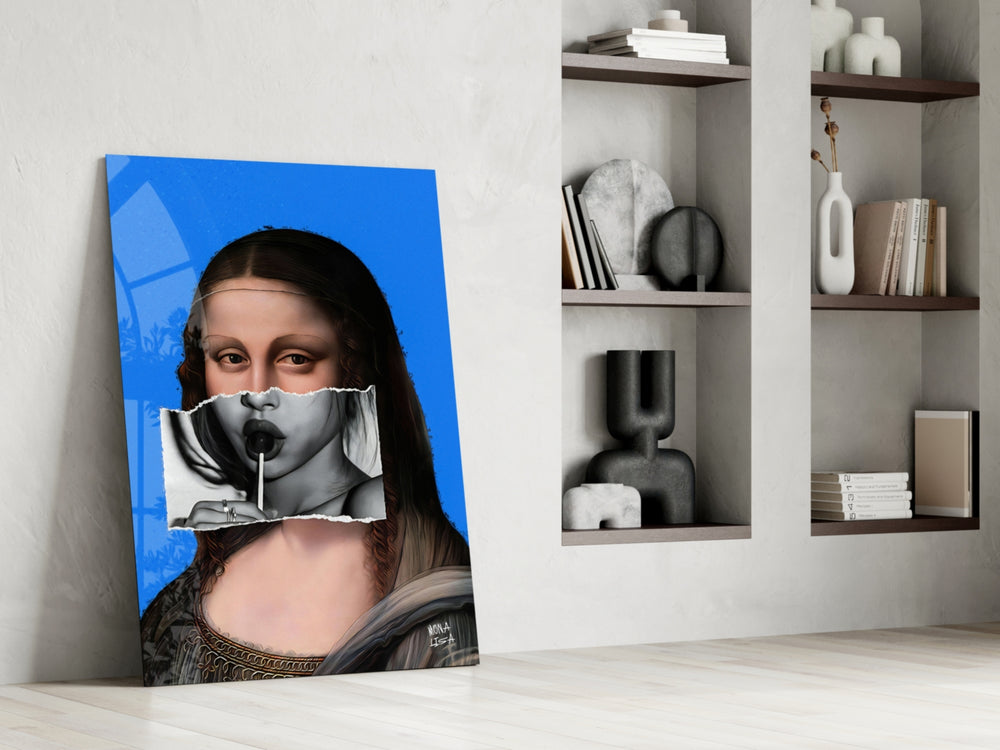 Remixed-muse artwork anchoring a wall with cobalt-and-ivory palette