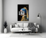 Contemporary Girl with a Pearl Earring glass wall art styled above a sideboard in a powder room